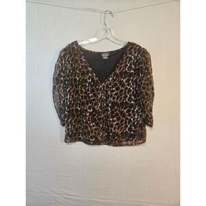 Dots Leopard Print V-Neck Blouse Brown Black Sheer 3/4 Sleeve Lined Top 2564